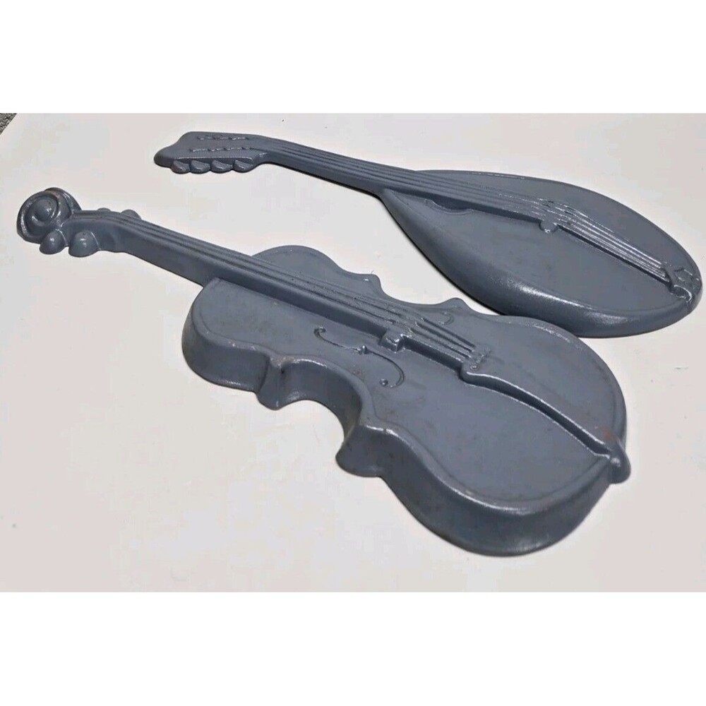 2 Vintage Mid Century Wall Decor Royal Cast Aluminum Instruments 1970 Cello Lute
